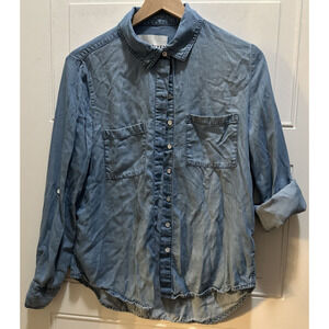 Lola River Women Button Front Denim Shirt Roll Sleeve Pocket Lightweight Size Sm